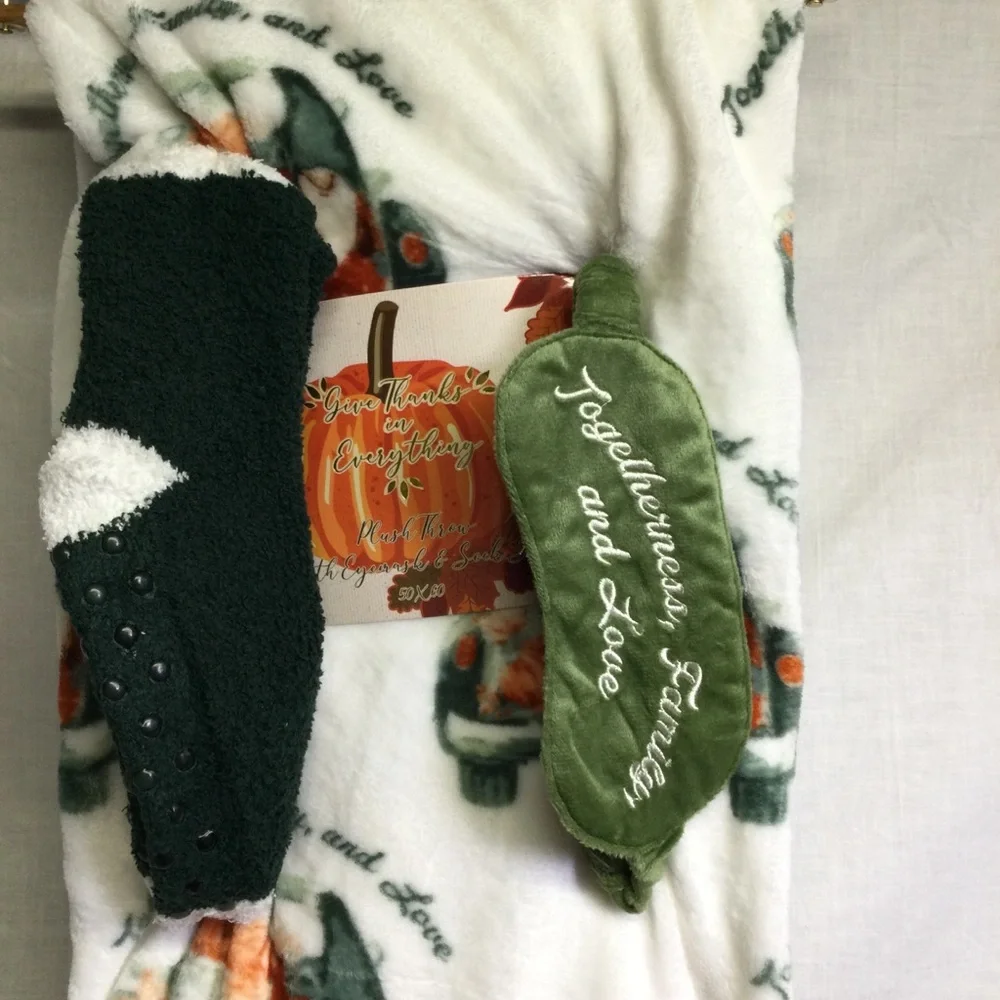 Throw Eyemask Socks White Green Fall Trucks Gnomes “Give Thanks in Everything”